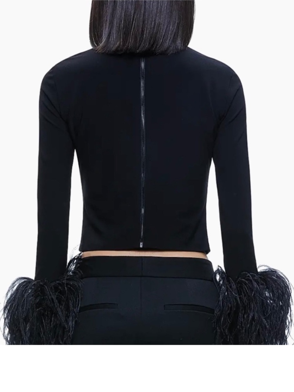 Alice + Olivia Delaina Feather Cuff Mesh Top | Sheer Black Statement Top Size M - Picture 8 of 9